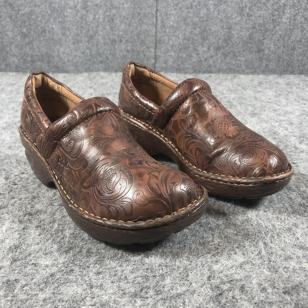 Bolo Clog Shoes Womens 6.5 Brown Floral Embossed Slip On Comfort J00652